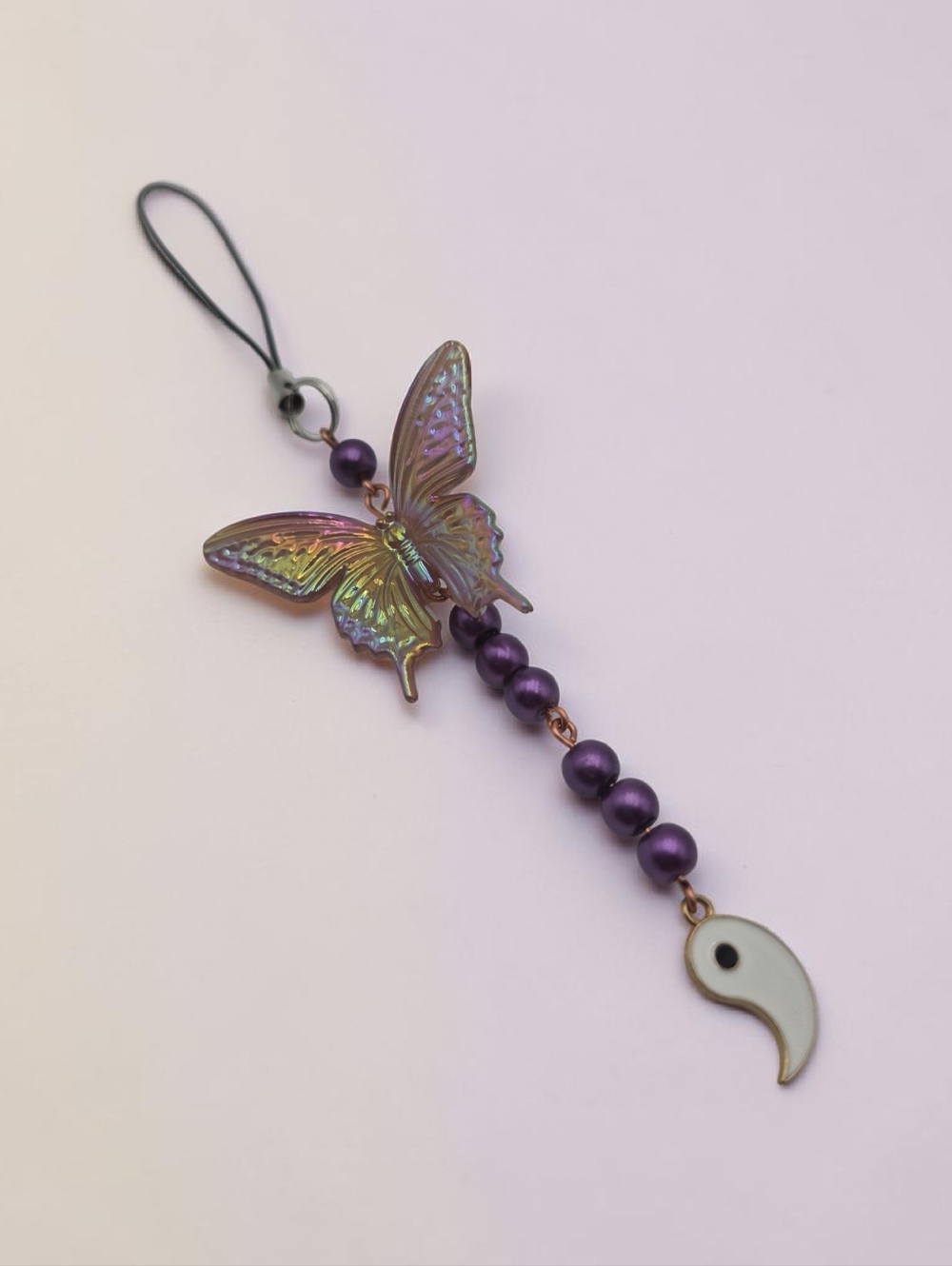 Iridescent Butterfly Phone Charm with Purple Beads Cute Beaded Strap